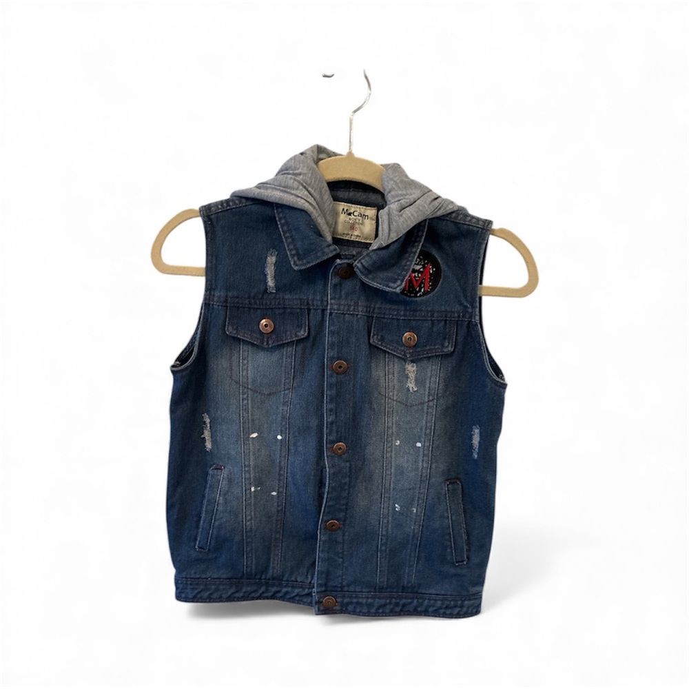 Price Drop Blue Denim Vest with Gray Hood